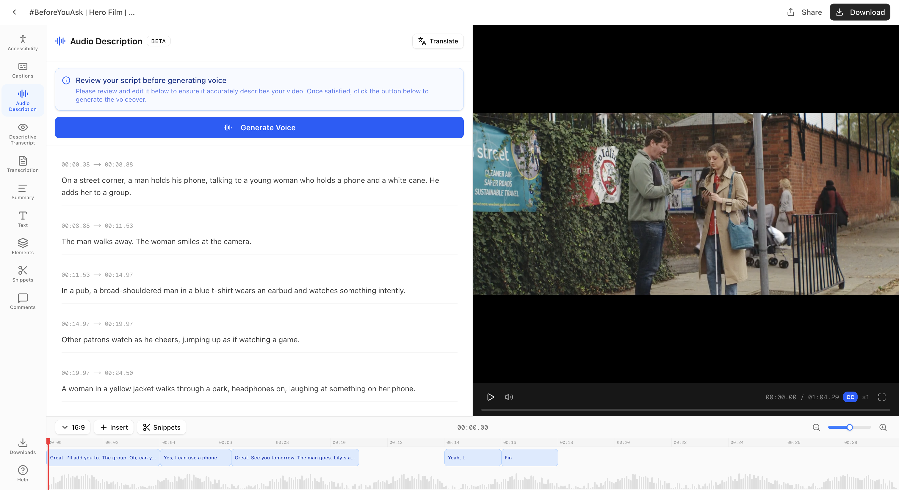 Version 1 script-first interface showing 3-step flow: generate script, review and edit, generate voice
